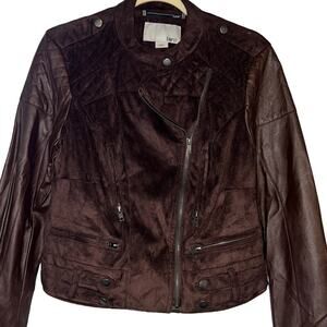 Bar III Ladies Chocolate Brown Pleather & Faux-Suede Moto Jacket, Size Medium